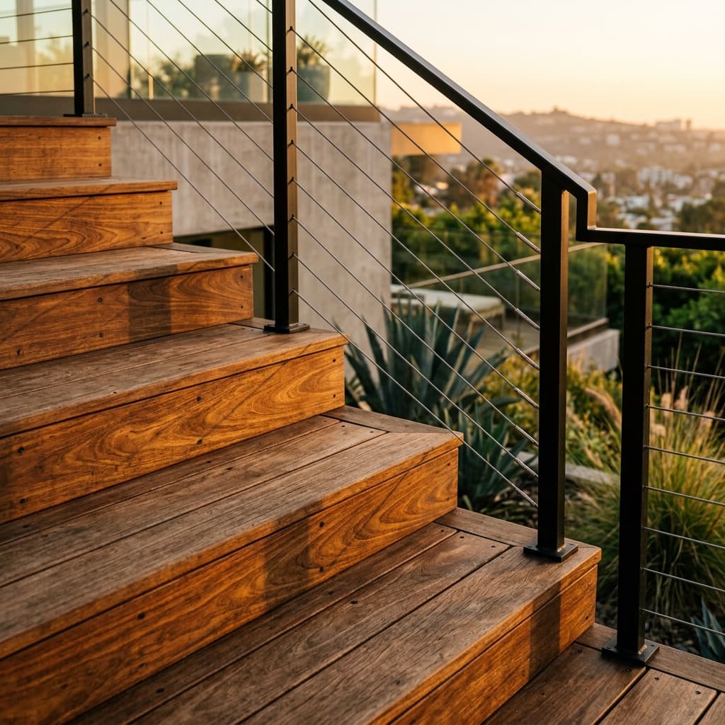 A custom hardwood deck and fence on a modern Los Angeles home