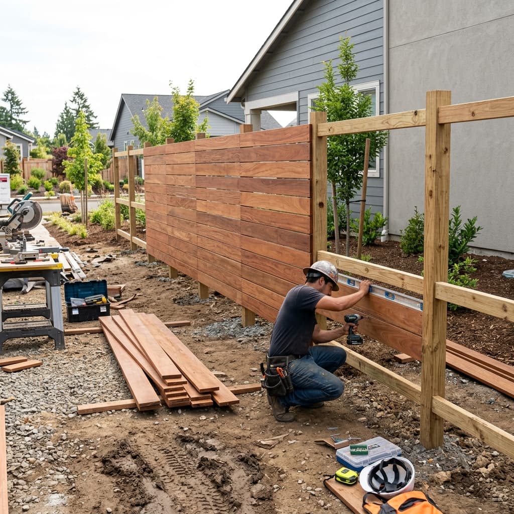 180-foot horizontal Cumaru hardwood fence build in Brentwood, Los Angeles - Day 6